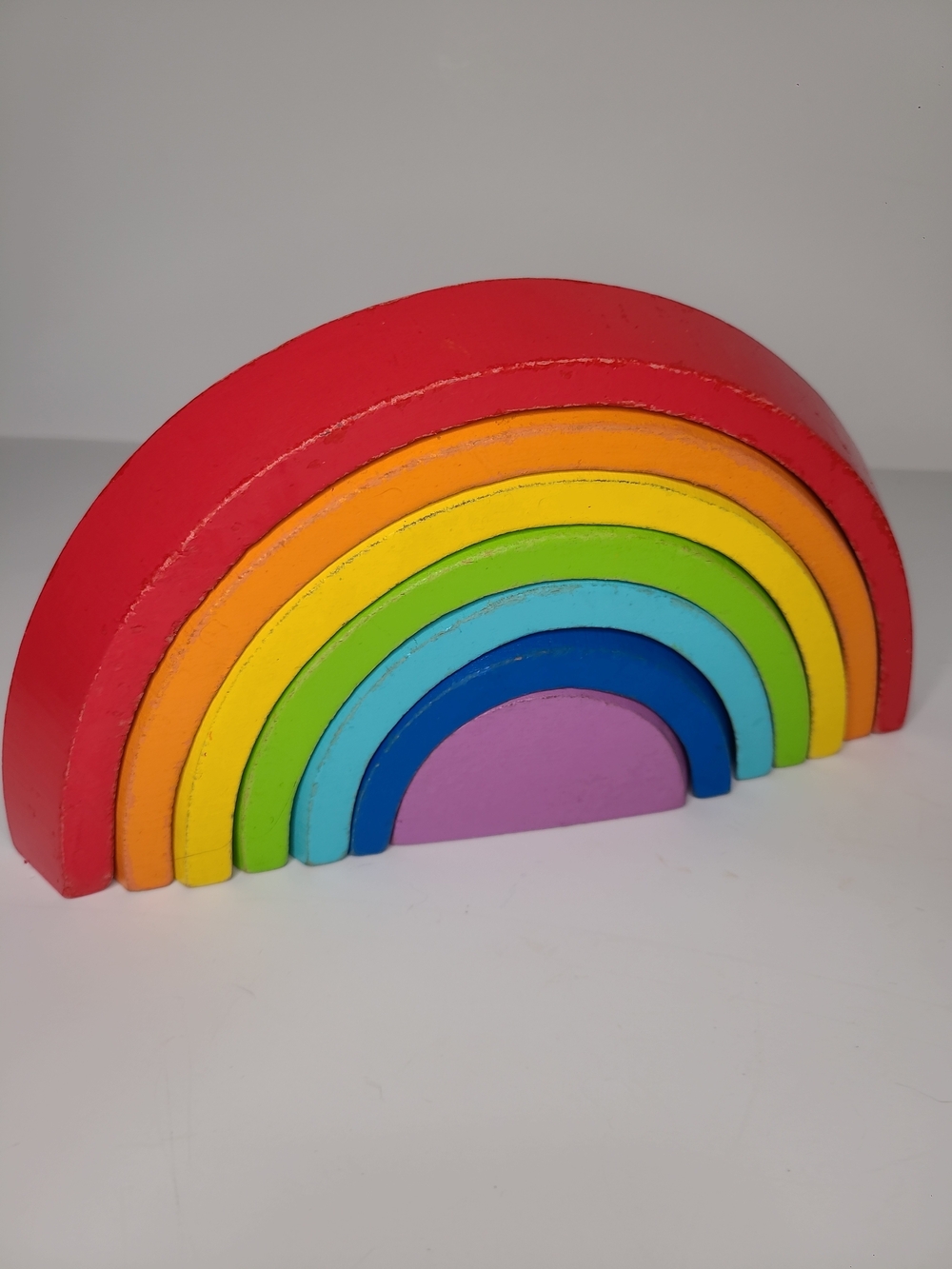 Wooden Rainbow Stacker 7 Piece Montessori Sorting Nesting Toy 9.5" Used